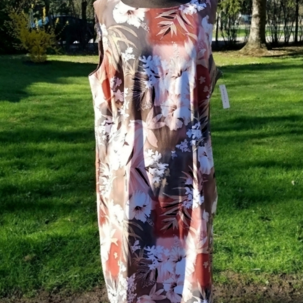 Floral Pink, Orange, White, and Brown Sleeveless Midi Dress